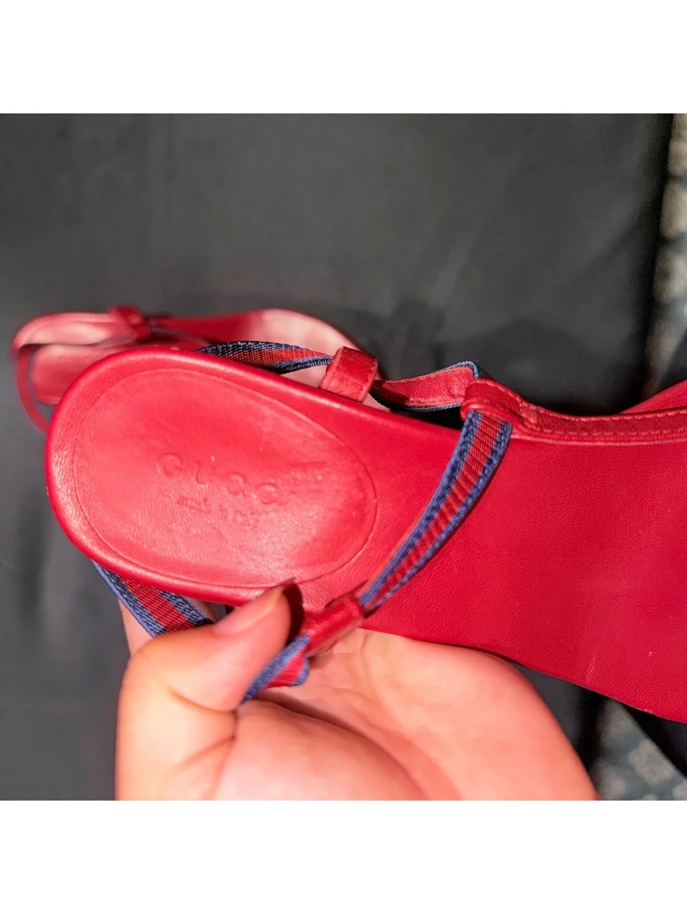Gucci Red Leather T-Strap Sandals with Blue Trim